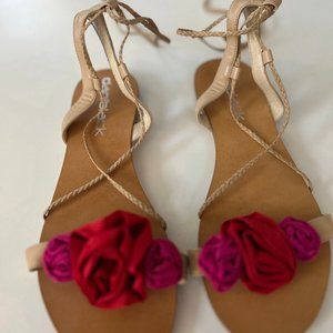 Dani Black Gladiator Sandal, Natural Leather/Flower Embellishment, Size 9.5